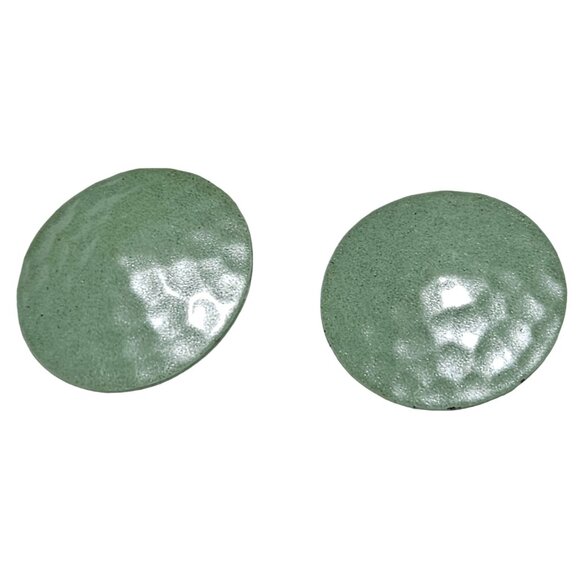 Retro Mint Green Hammered Metal Round Button Earrings 50s 60s Fashion Jewelry - Picture 1 of 4